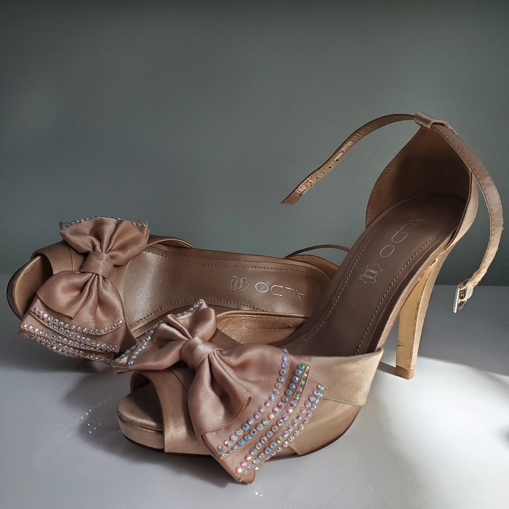 Genuine Leather Satin Heels, Jeweled Bow Detail